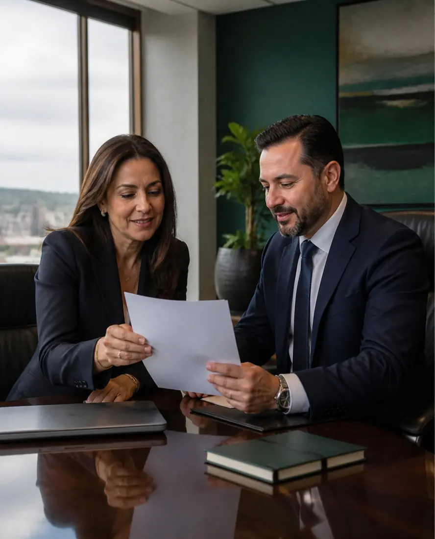 Gerente y gerente de una empresa revisando un documento en su oficina